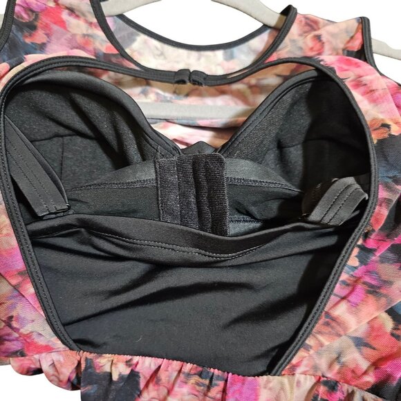 Floral Mesh Overlay One-Piece Swimsuit With Keyhole Back Pink & Black Women's Si - Picture 13 of 15